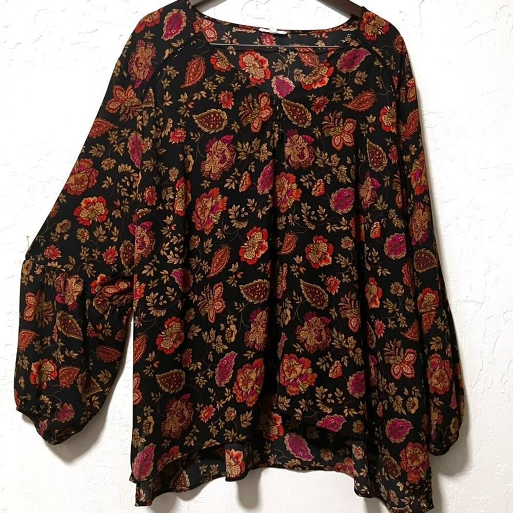 Maurices Moody Floral Peasant Blouse Plus 3X Black Red Puff Sleeve Lace Detail